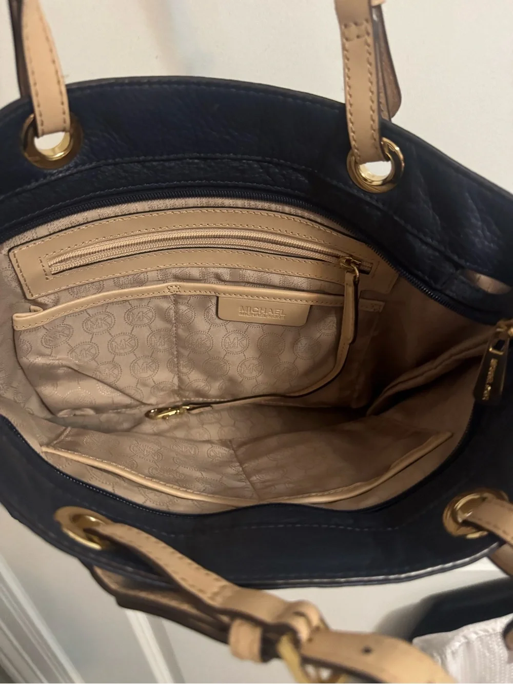 Michael Kors Navy Leather Tote with Beige Straps and Gold Hardware